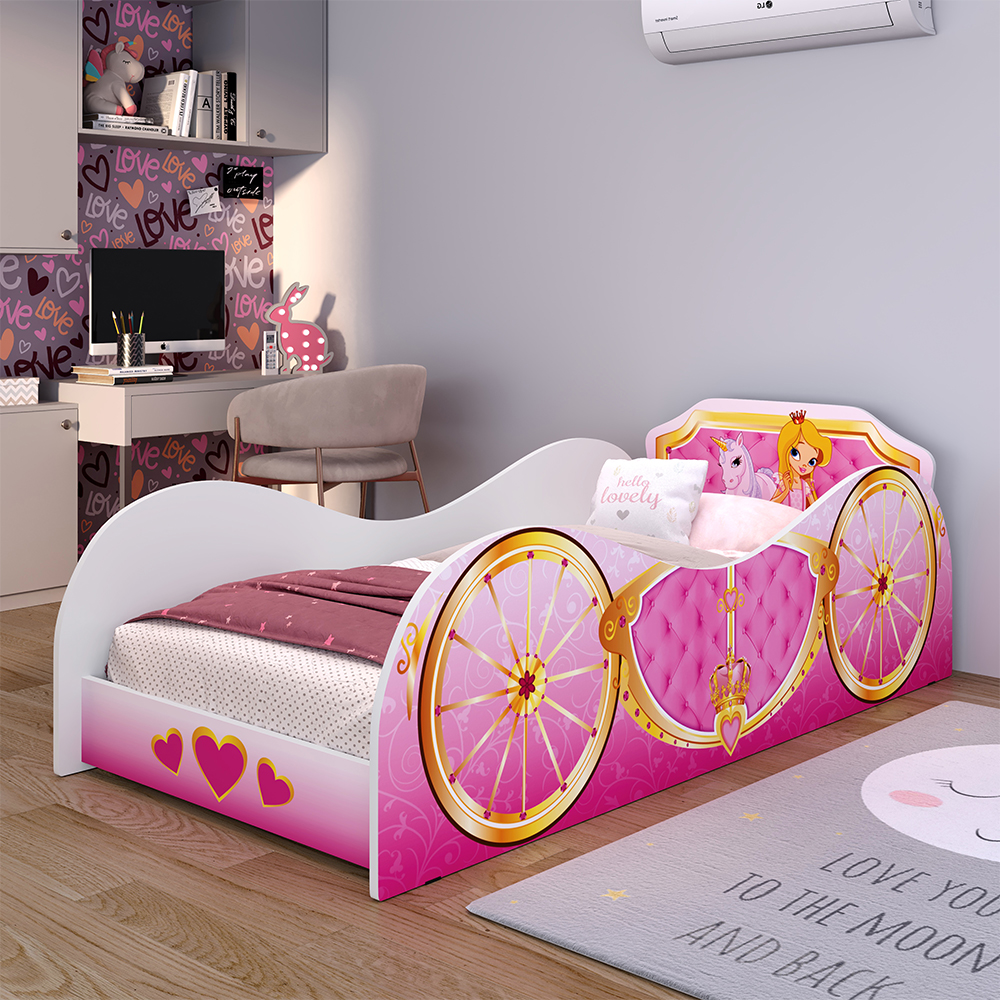 Cama Solteiro Infantil Simples Montessoriana MDF Lateral Grade Proteção Decoração Quarto Menina Carruagem Princesa Unicórnio Retrô - RPM
