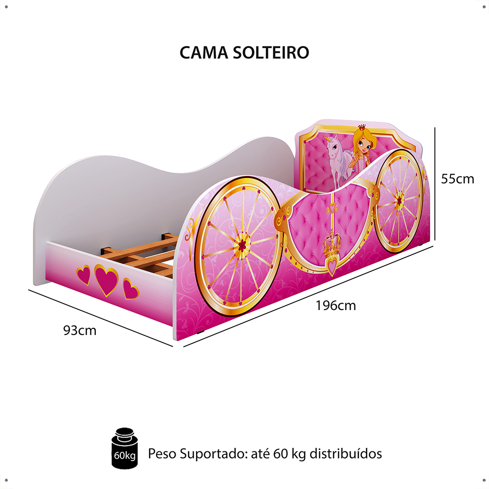 Cama Solteiro Infantil Simples Montessoriana MDF Lateral Grade Proteção Decoração Quarto Menina Carruagem Princesa Unicórnio Retrô - RPM