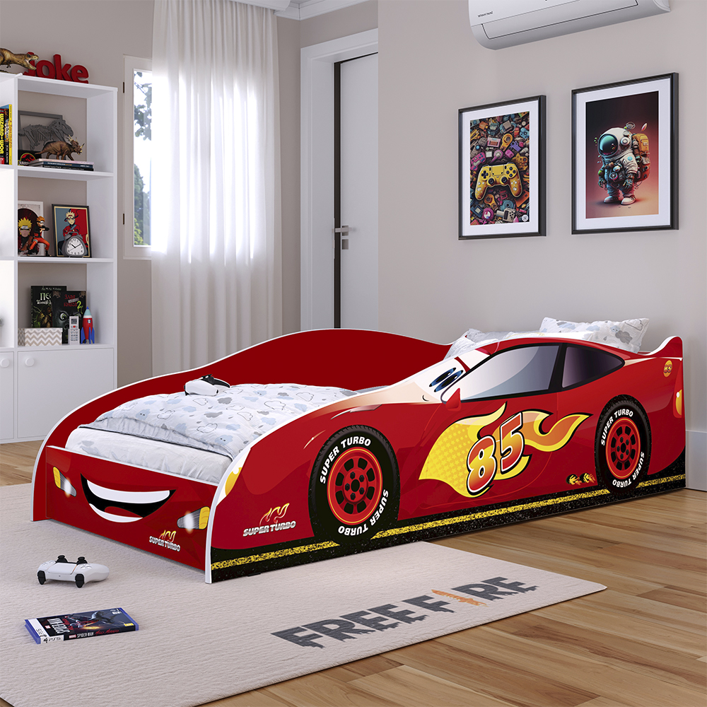 Cama de Solteiro Carro Super Turbo 85 Infantil MDF Montessoriano Segura Piloto Pista Corrida Decoração Quarto Menino Criança - Vermelho - RPM 