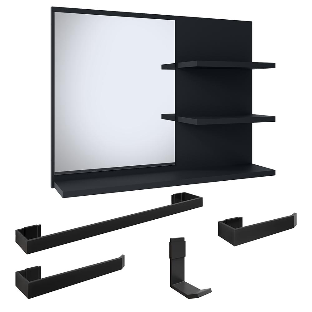 Conjunto Espelheira Aérea Prateleiras Organizadoras Espelho Astra e Kit Banheiro 4 Peças Aço Inox Resistente - Preto - RPM