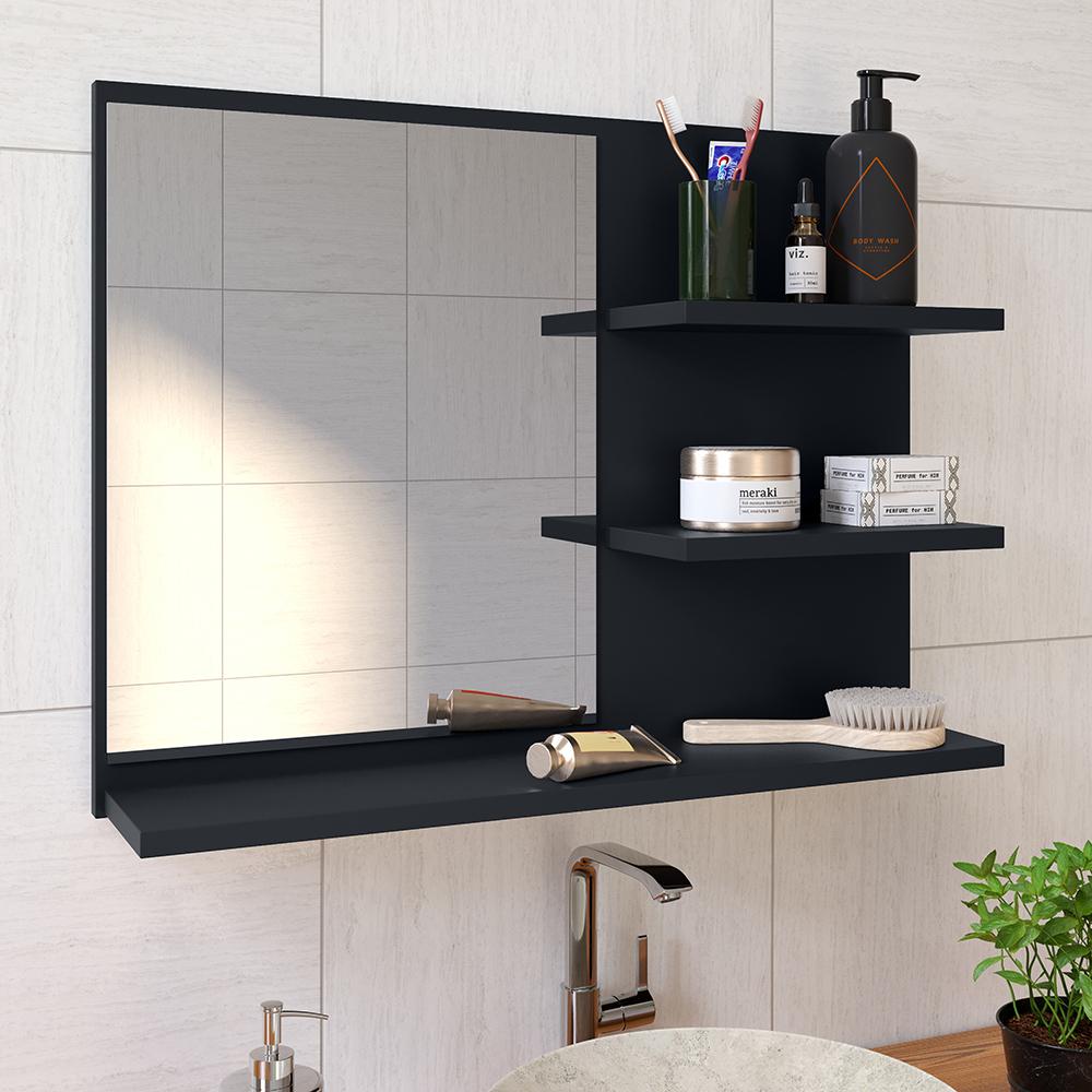 Conjunto Espelheira Aérea Prateleiras Organizadoras Espelho Astra e Kit Banheiro 4 Peças Aço Inox Resistente - Preto - RPM