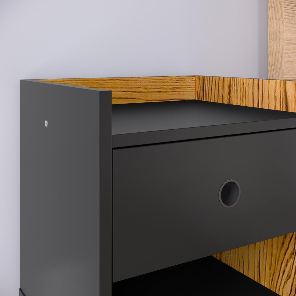 Conjunto Kit 2 Mesinhas com Gaveta e Nicho Moderna Mesa de Cabeceira Retrô Lateral Cama - Preto / Nature - Lojas RPM