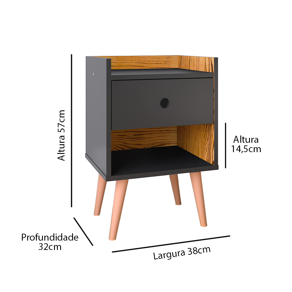Conjunto Kit 2 Mesinhas com Gaveta e Nicho Moderna Mesa de Cabeceira Retrô Lateral Cama - Preto / Nature - Lojas RPM