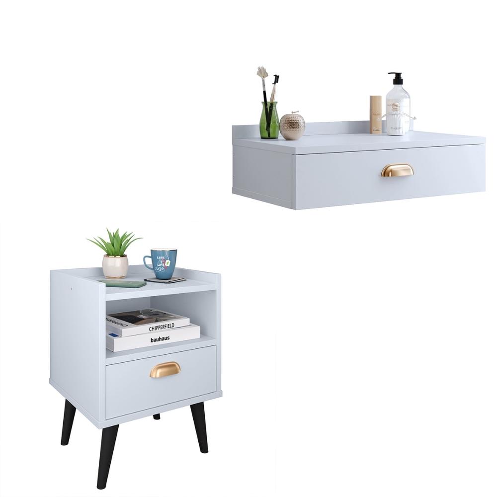 Conjunto Mesa Cabeceira 1 Gaveta Organizadora Pés Retrô Penteadeira Suspensa Puxador Concha Kit Decorativo Quarto - Branco - RPM Móveis