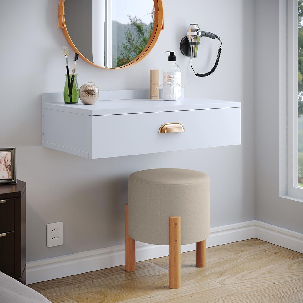 Conjunto Mesa Cabeceira 1 Gaveta Organizadora Pés Retrô Penteadeira Suspensa Puxador Concha Kit Decorativo Quarto - Branco - RPM Móveis