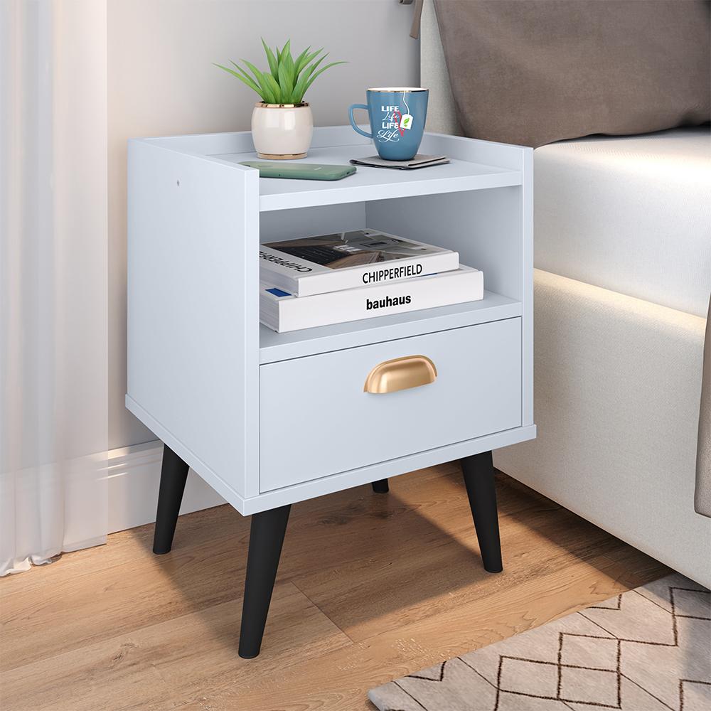 Conjunto Mesa Cabeceira 1 Gaveta Organizadora Pés Retrô Penteadeira Suspensa Puxador Concha Kit Decorativo Quarto - Branco - RPM Móveis