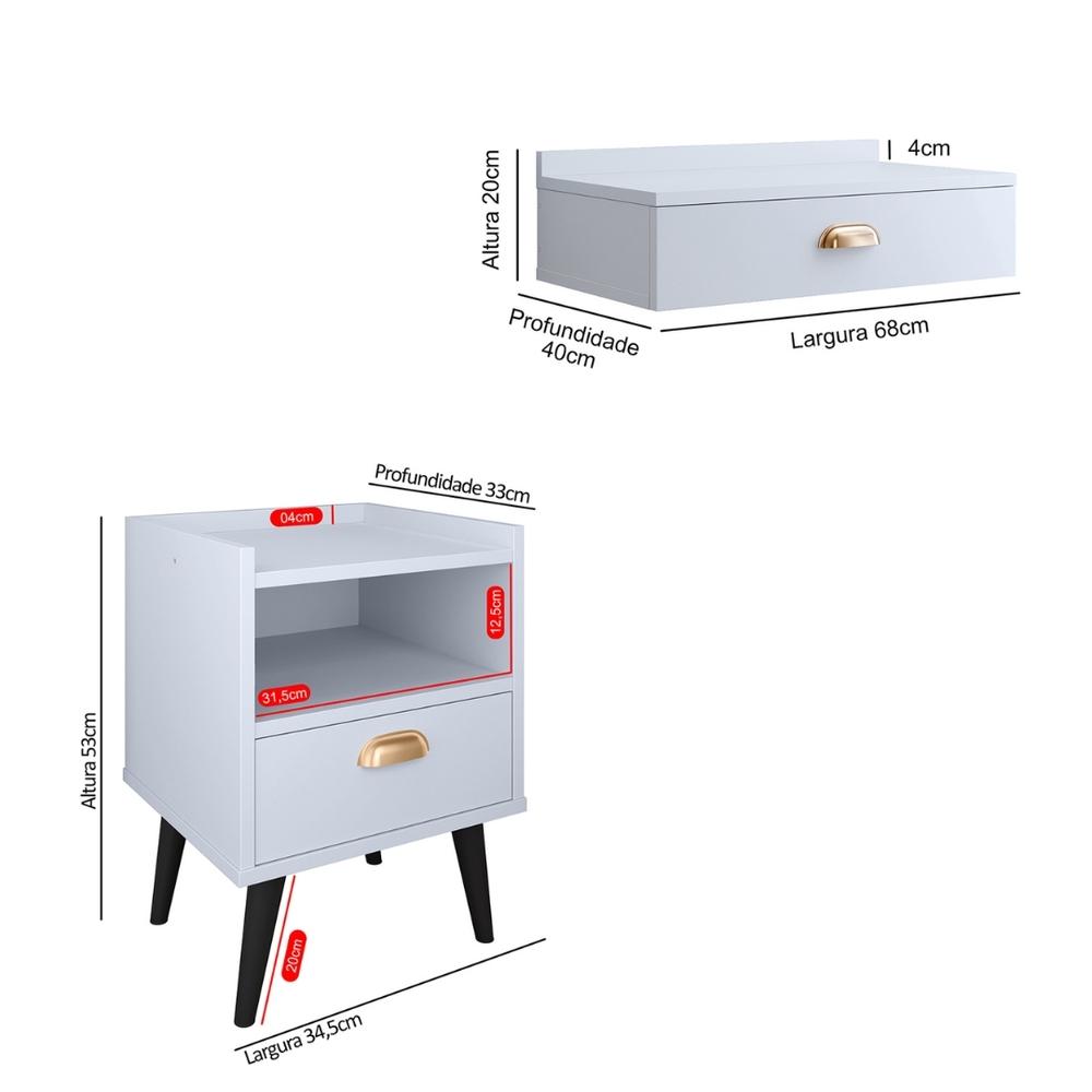 Conjunto Mesa Cabeceira 1 Gaveta Organizadora Pés Retrô Penteadeira Suspensa Puxador Concha Kit Decorativo Quarto - Branco - RPM Móveis