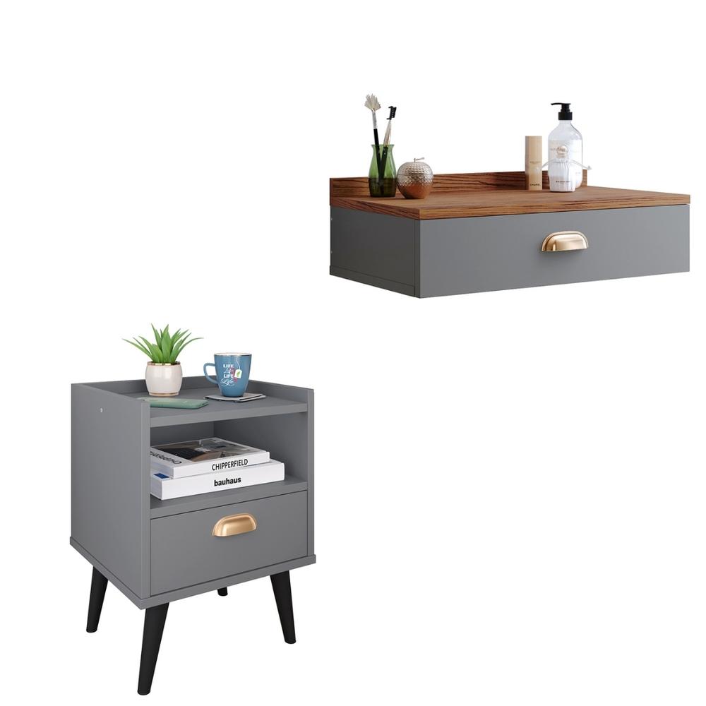 Conjunto Mesa Cabeceira 1 Gaveta Organizadora Pés Retrô Penteadeira Suspensa Puxador Concha Kit Decorativo Quarto - Cinza/Freijó - RPM Móveis