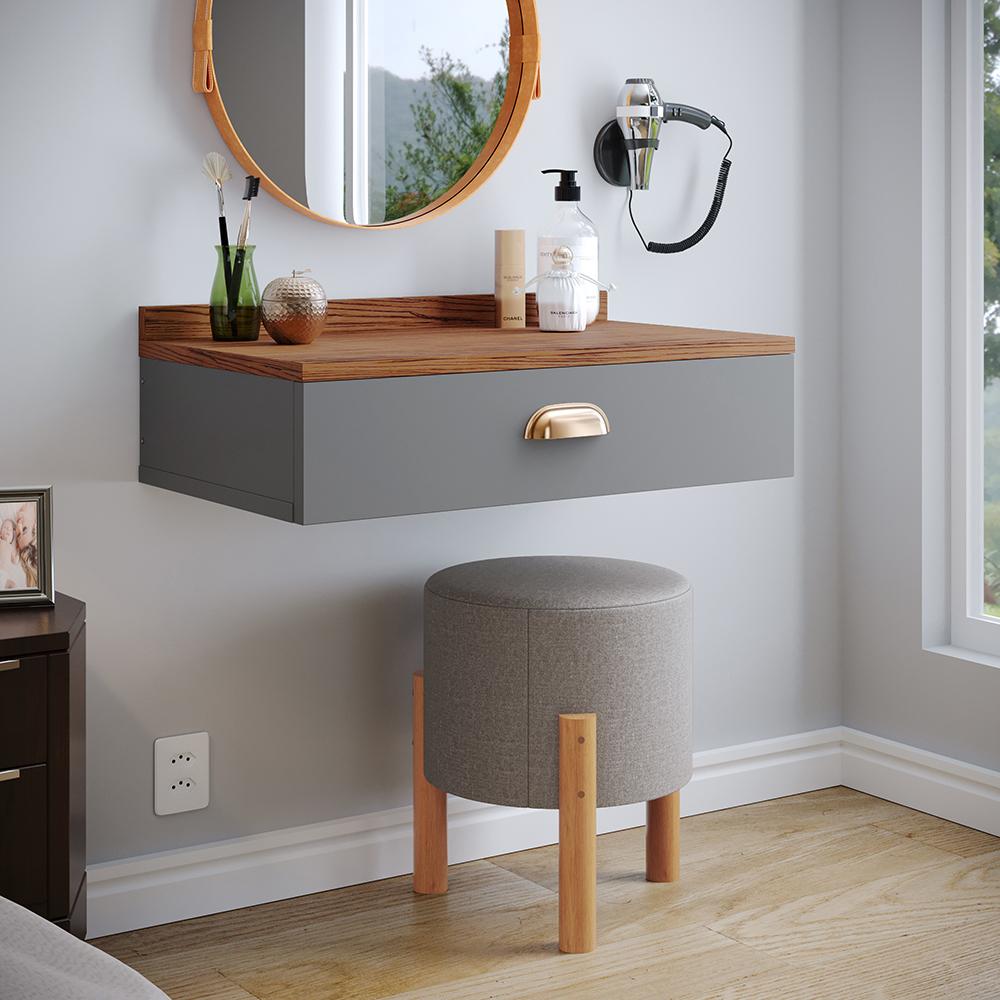 Conjunto Mesa Cabeceira 1 Gaveta Organizadora Pés Retrô Penteadeira Suspensa Puxador Concha Kit Decorativo Quarto - Cinza/Freijó - RPM Móveis