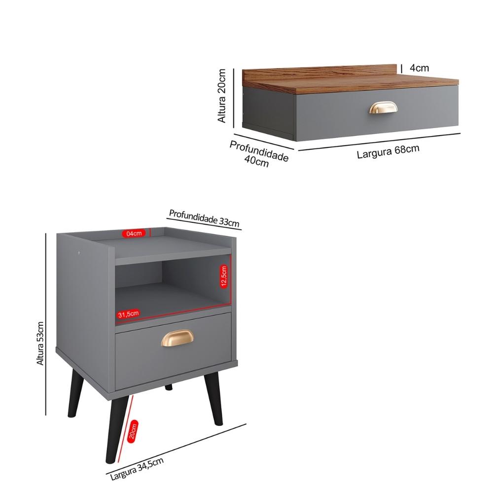 Conjunto Mesa Cabeceira 1 Gaveta Organizadora Pés Retrô Penteadeira Suspensa Puxador Concha Kit Decorativo Quarto - Cinza/Freijó - RPM Móveis