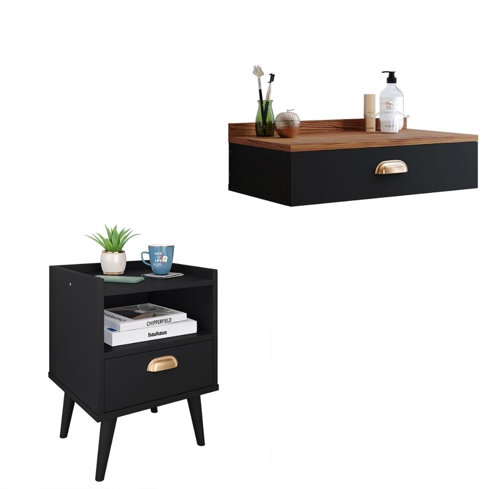 Conjunto Mesa Cabeceira 1 Gaveta Organizadora Pés Retrô Penteadeira Suspensa Puxador Concha Kit Decorativo Quarto - Preto/Freijó - RPM Móveis