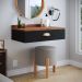 Conjunto Mesa Cabeceira 1 Gaveta Organizadora Pés Retrô Penteadeira Suspensa Puxador Concha Kit Decorativo Quarto - Preto/Freijó - RPM Móveis