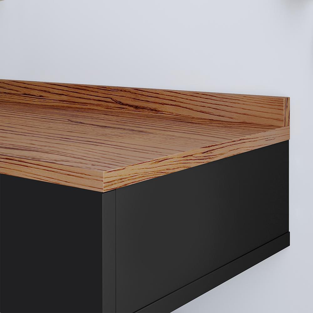 Conjunto Mesa Cabeceira 1 Gaveta Organizadora Pés Retrô Penteadeira Suspensa Puxador Concha Kit Decorativo Quarto - Preto/Freijó - RPM Móveis