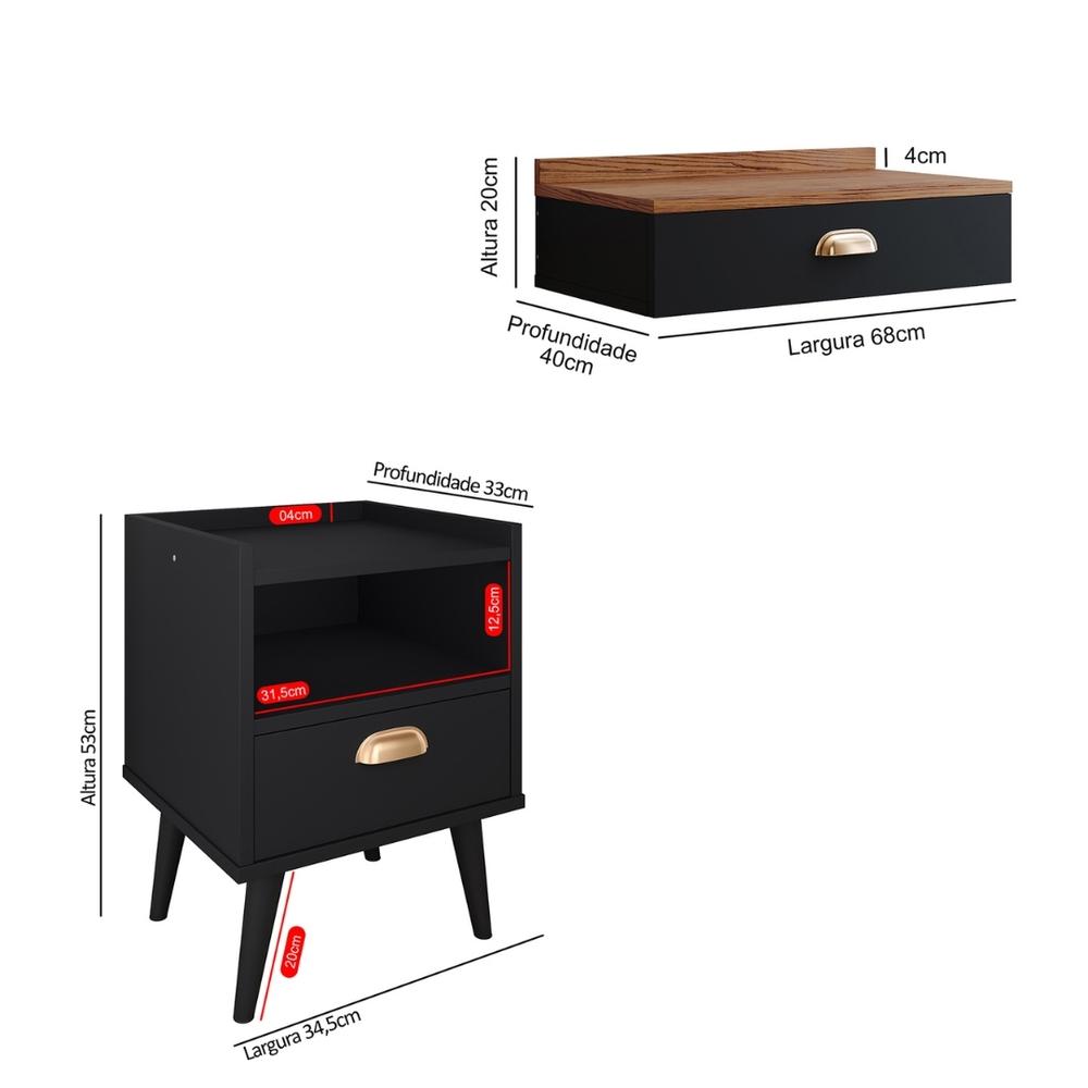 Conjunto Mesa Cabeceira 1 Gaveta Organizadora Pés Retrô Penteadeira Suspensa Puxador Concha Kit Decorativo Quarto - Preto/Freijó - RPM Móveis