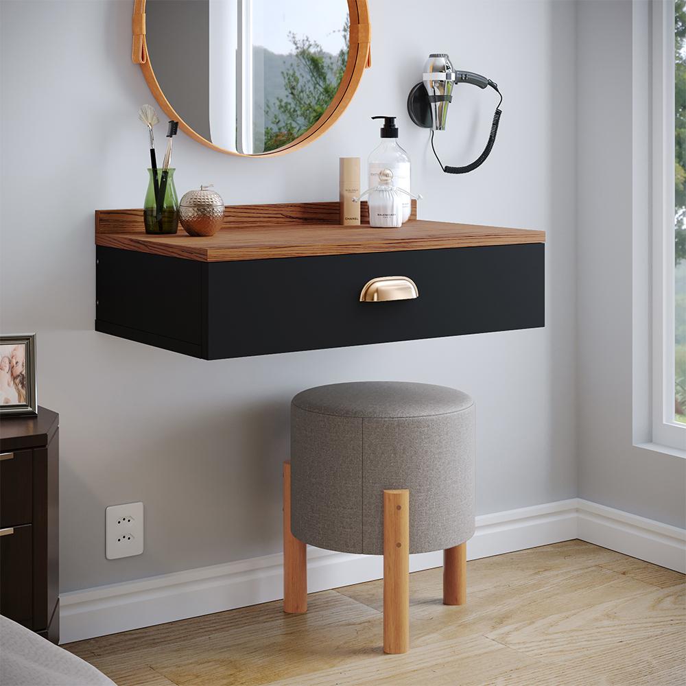 Conjunto Mesa Cabeceira 1 Gaveta Organizadora Pés Retrô Penteadeira Suspensa Puxador Concha Kit Decorativo Quarto - Preto/Freijó - RPM Móveis