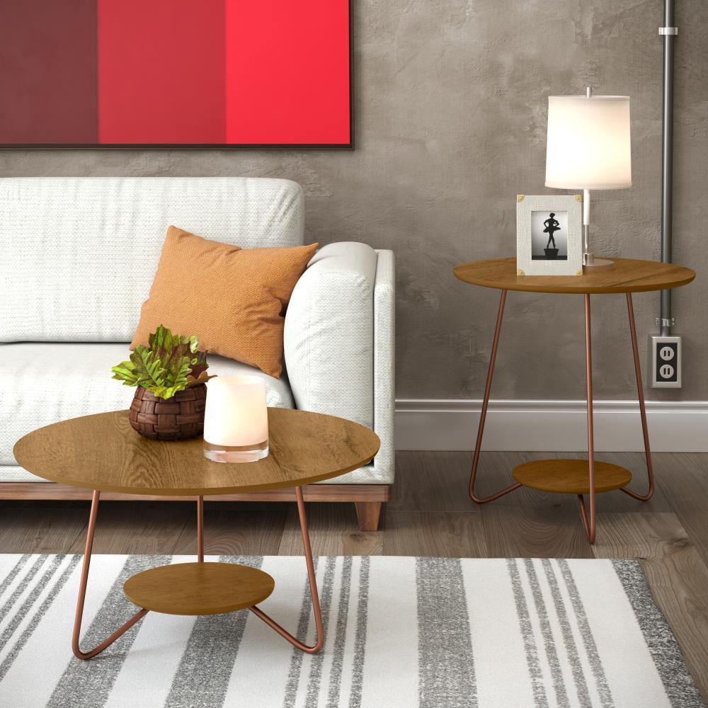 Conjunto Mesa Centro e Apoio Liz com Pés de Ferro Freijo - RPM Móveis