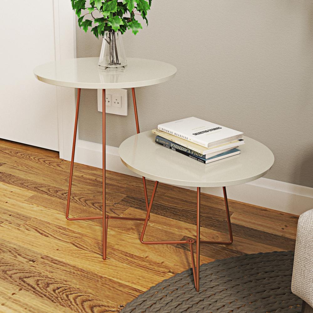 Conjunto Mesa Centro e Lateral Luisa com Pés de Cobre - Off White- RPM Móveis
