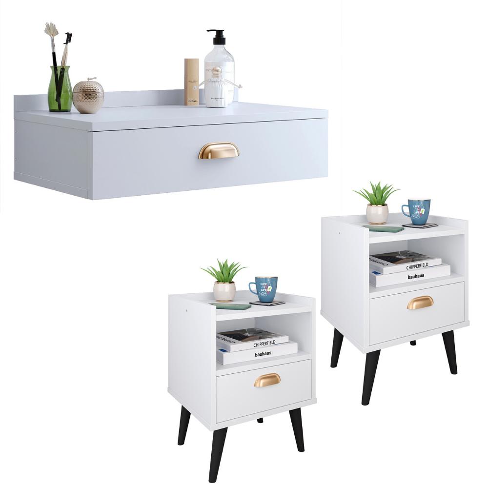 Conjunto Quarto 2 Mesas Cabeceira Retrô Mesinha Lateral Cama E Penteadeira Suspensa Organizadora Decoração Ambiente Branco - RPM Móveis  