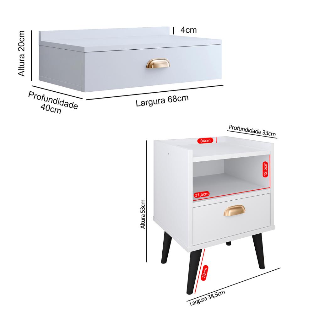 Conjunto Quarto 2 Mesas Cabeceira Retrô Mesinha Lateral Cama E Penteadeira Suspensa Organizadora Decoração Ambiente Branco - RPM Móveis  
