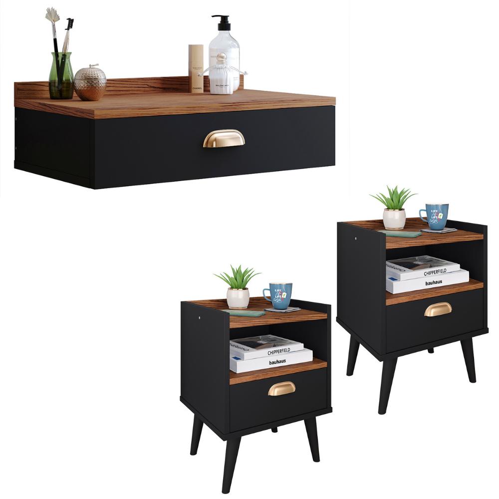Conjunto Quarto 2 Mesas Cabeceira Retrô Mesinha Lateral Cama E Penteadeira Suspensa Organizadora Decoração Ambiente Preto/Freijó - RPM Móveis  