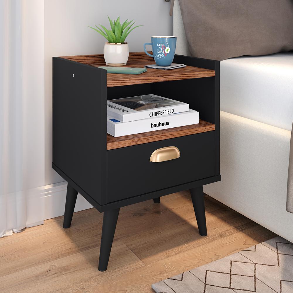 Conjunto Quarto 2 Mesas Cabeceira Retrô Mesinha Lateral Cama E Penteadeira Suspensa Organizadora Decoração Ambiente Preto/Freijó - RPM Móveis  