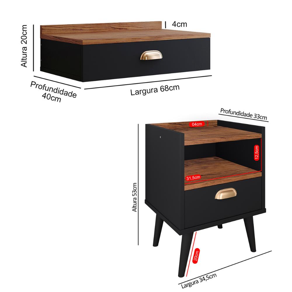 Conjunto Quarto 2 Mesas Cabeceira Retrô Mesinha Lateral Cama E Penteadeira Suspensa Organizadora Decoração Ambiente Preto/Freijó - RPM Móveis  