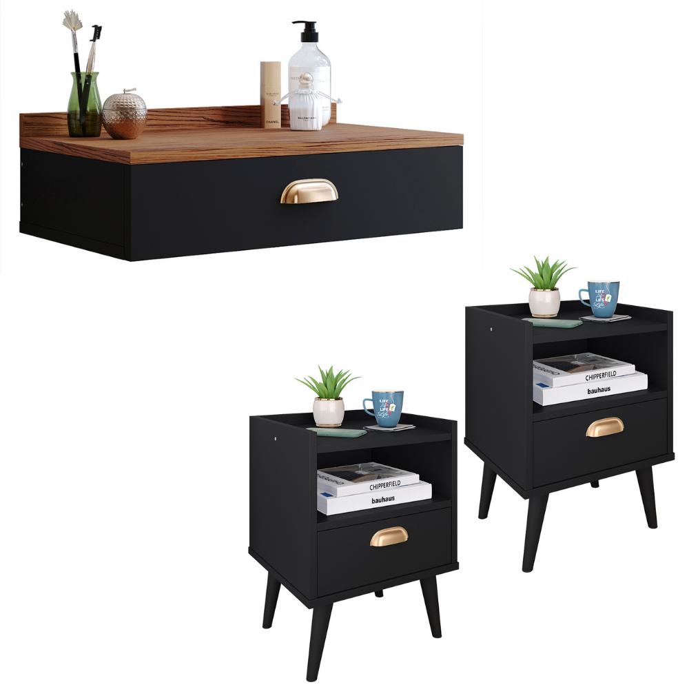 Conjunto Quarto 2 Mesas Cabeceira Retrô Mesinha Lateral Cama Preto/Freijó E Penteadeira Suspensa Organizadora Decoração Ambiente Preto- RPM Móveis 
