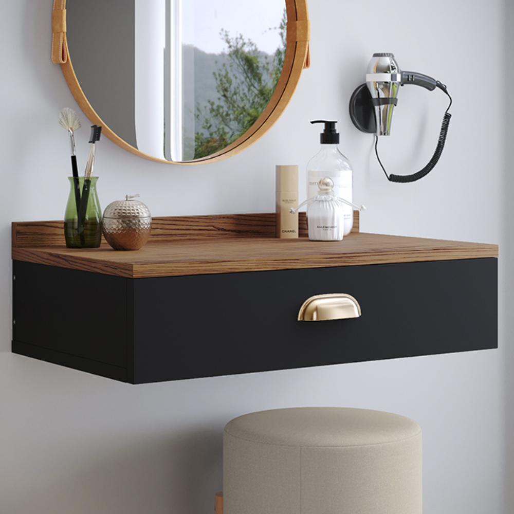 Conjunto Quarto 2 Mesas Cabeceira Retrô Mesinha Lateral Cama Preto/Freijó E Penteadeira Suspensa Organizadora Decoração Ambiente Preto- RPM Móveis 