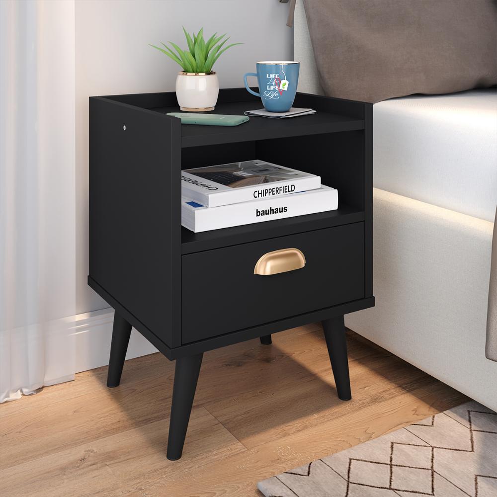 Conjunto Quarto 2 Mesas Cabeceira Retrô Mesinha Lateral Cama Preto/Freijó E Penteadeira Suspensa Organizadora Decoração Ambiente Preto- RPM Móveis 