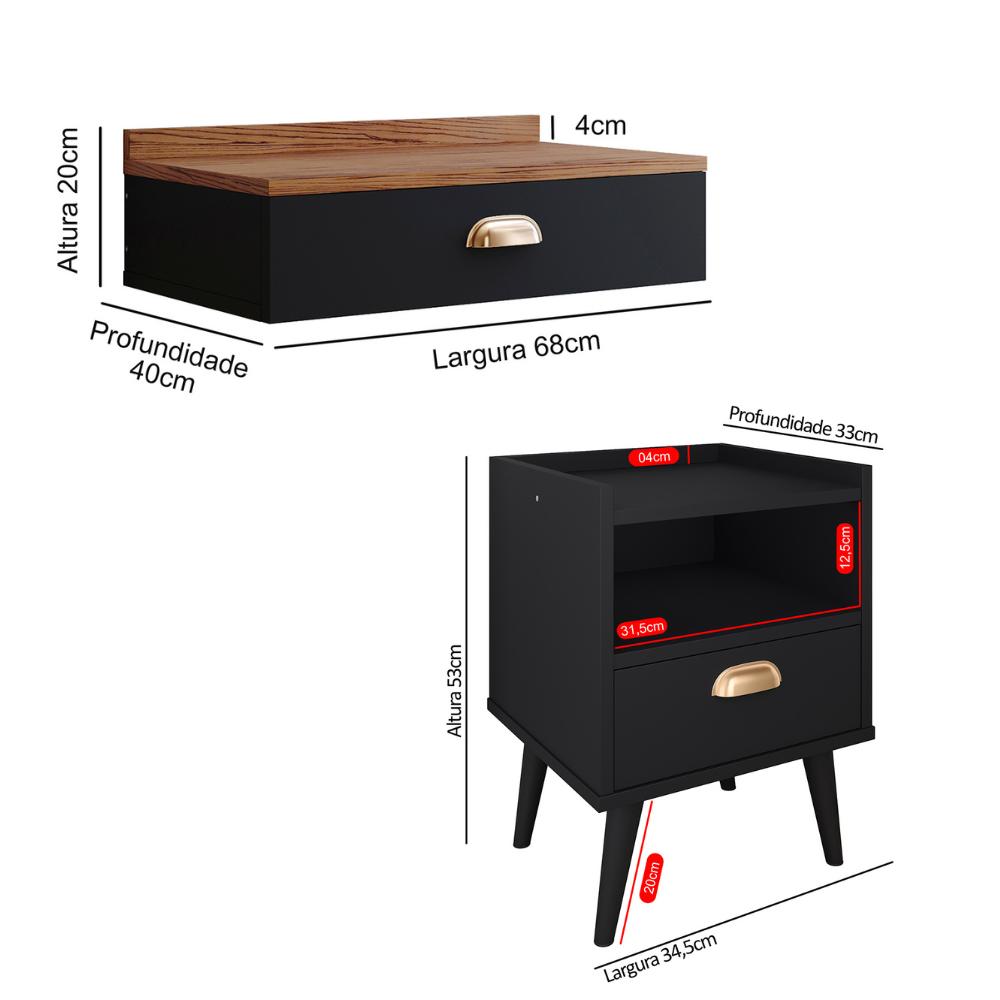 Conjunto Quarto 2 Mesas Cabeceira Retrô Mesinha Lateral Cama Preto/Freijó E Penteadeira Suspensa Organizadora Decoração Ambiente Preto- RPM Móveis 