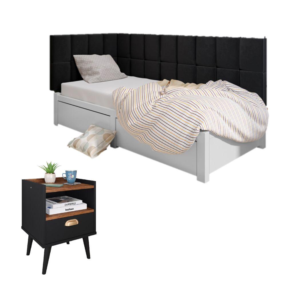 Conjunto Quarto Cabeceira Cama Solteiro E Mesinha Retrô Puxador Concha Pés Palito Quarto Moderno Mesa 1 Gaveta Preto/Freijó - RPM Móveis