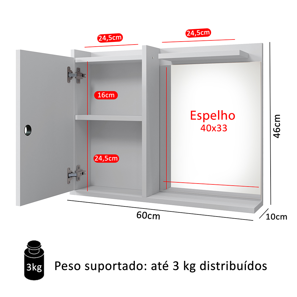 Espelheira Suspensa Madri Armário Parede Armarinho Banheiro Prateleira Organizadora - Branco  - RPM Móveis