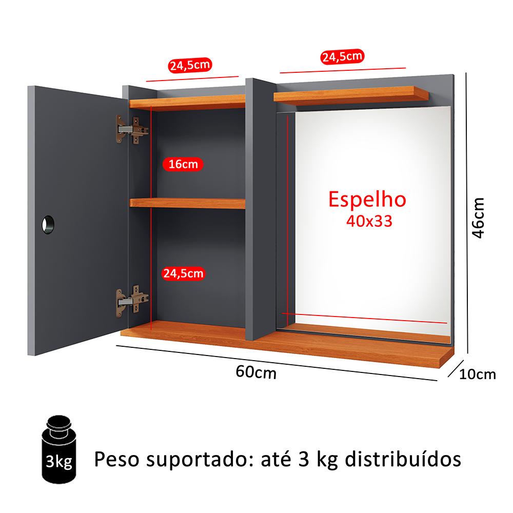 Espelheira Suspensa Madri Armário Parede Armarinho Banheiro Prateleira Organizadora - Cinza/Cinamomo - RPM Móveis