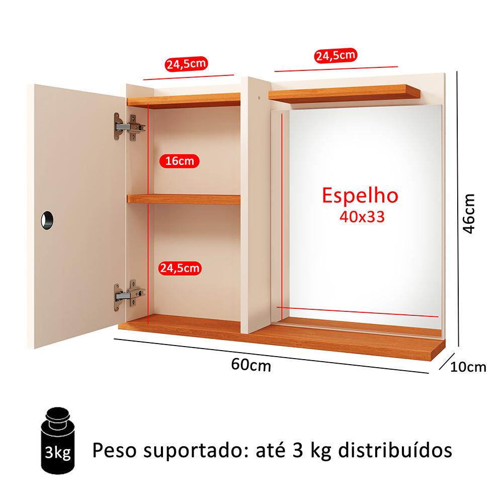 Espelheira Suspensa Madri Armário Parede Armarinho Banheiro Prateleira Organizadora - Off White/Cinamomo - RPM Móveis