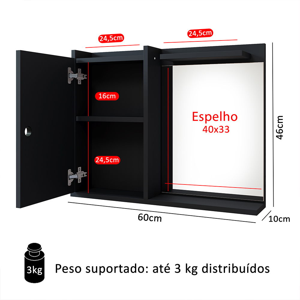 Espelheira Suspensa Madri Armário Parede Armarinho Banheiro Prateleira Organizadora - Preto - RPM Móveis
