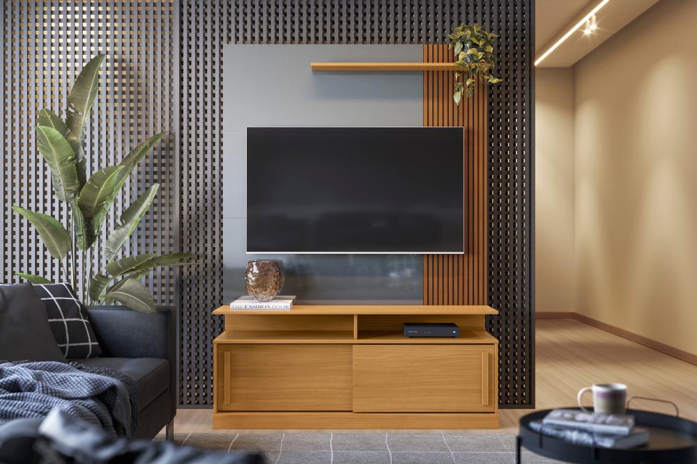 Estante Home TV 47 48 50 55 60 Polegadas Porta e Nicho Sala Pequena Chicago 1,36- Tauari Ripado/Cinza - Lojas RPM