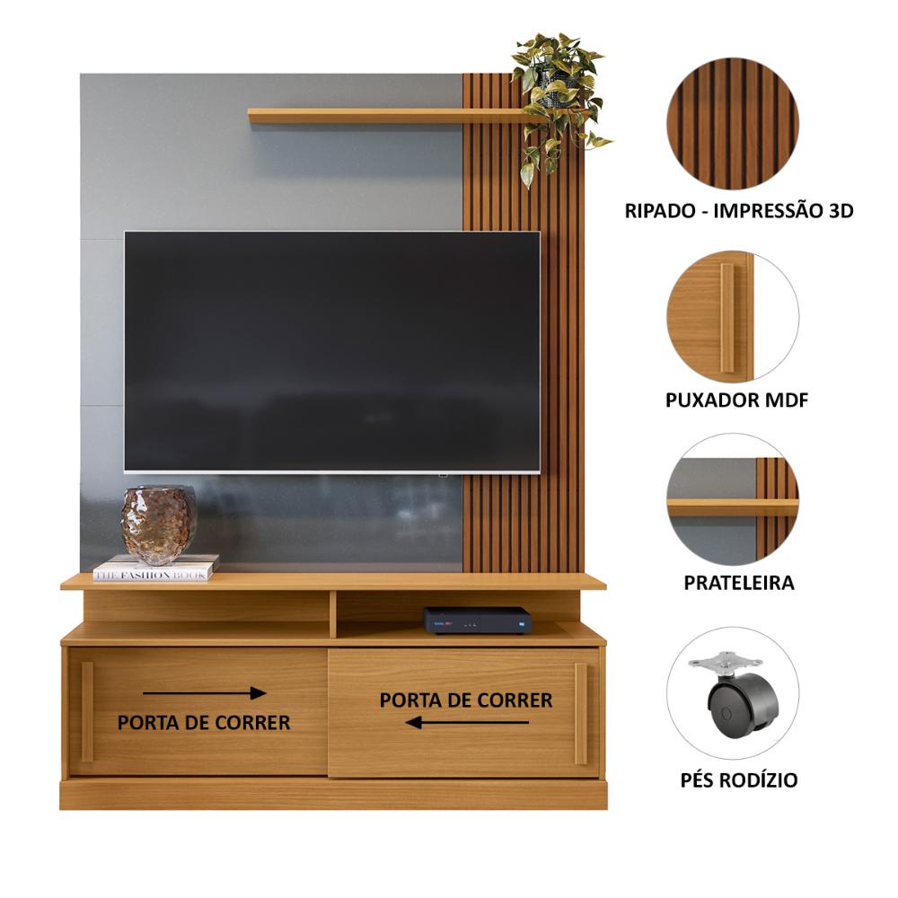 Estante Home TV 47 48 50 55 60 Polegadas Porta e Nicho Sala Pequena Chicago 1,36- Tauari Ripado/Cinza - Lojas RPM