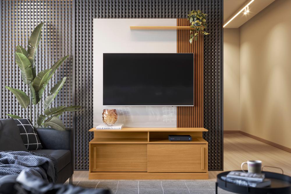 Estante Home TV 47 48 50 55 60 Polegadas Porta e Nicho Sala Pequena Chicago 1,36- Tauari Ripado/Off White - Lojas RPM
