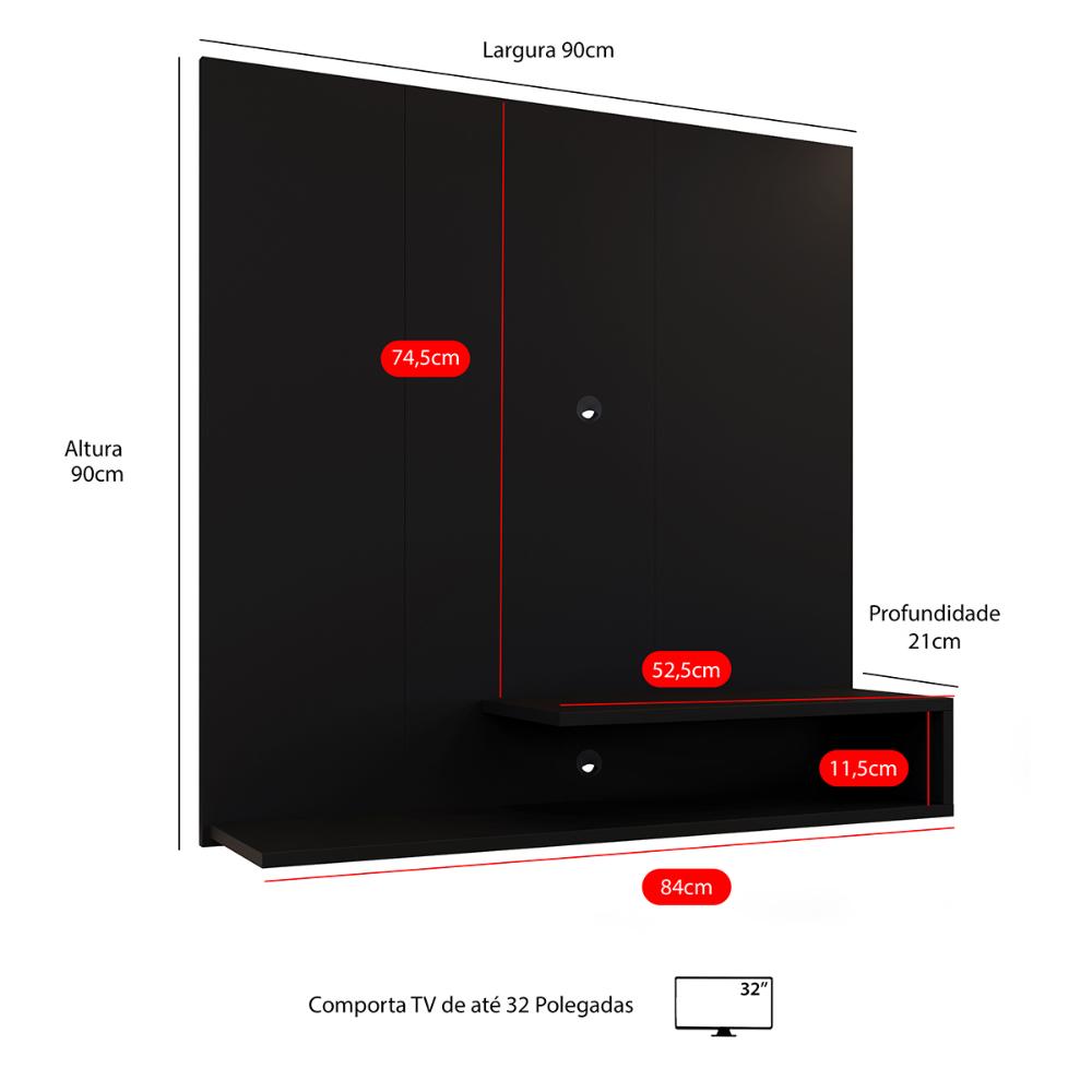 Estante Painel Parede Smart New TV 32 Polegadas Prateleiras Decorativas Sala Quarto Pequeno Retrô – Preto - RPM