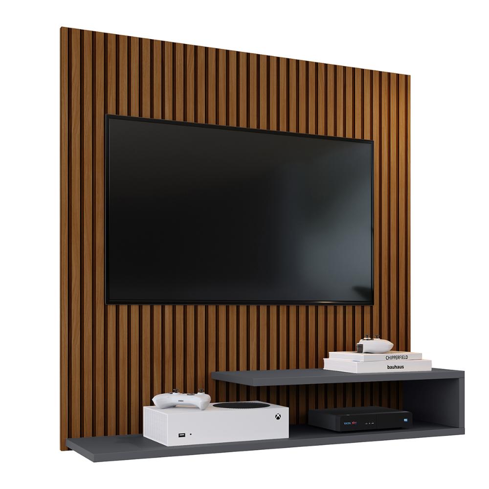 Estante Painel Parede Smart New TV 32 Polegadas Prateleiras Decorativas Sala Quarto Pequeno Retrô – Ripado Cinza - RPM