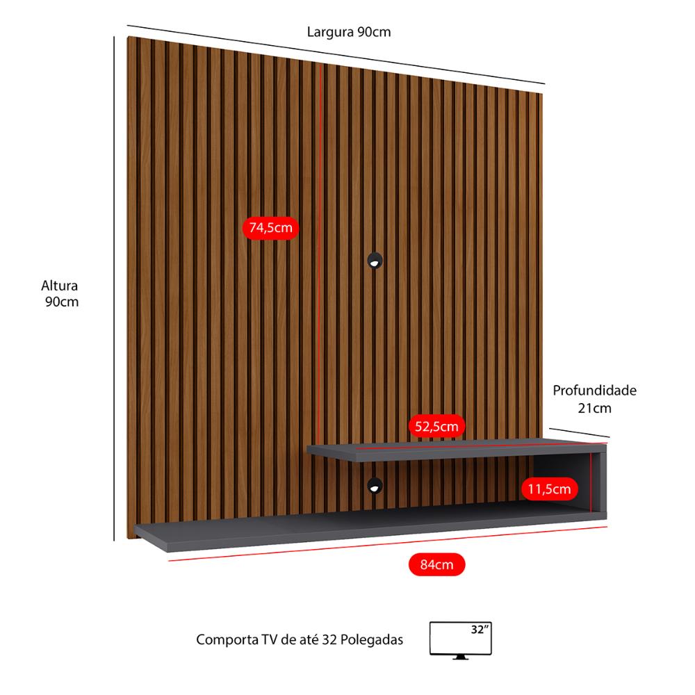 Estante Painel Parede Smart New TV 32 Polegadas Prateleiras Decorativas Sala Quarto Pequeno Retrô – Ripado Cinza - RPM