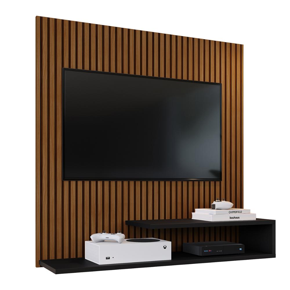 Estante Painel Parede Smart New TV 32 Polegadas Prateleiras Decorativas Sala Quarto Pequeno Retrô – Ripado Preto - RPM