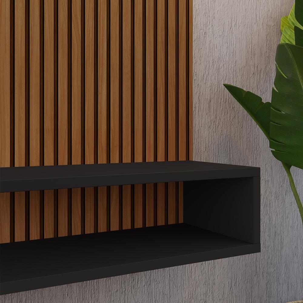 Estante Painel Parede Smart New TV 32 Polegadas Prateleiras Decorativas Sala Quarto Pequeno Retrô – Ripado Preto - RPM