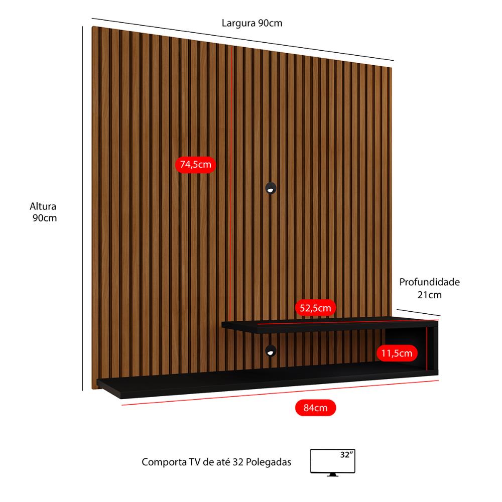 Estante Painel Parede Smart New TV 32 Polegadas Prateleiras Decorativas Sala Quarto Pequeno Retrô – Ripado Preto - RPM
