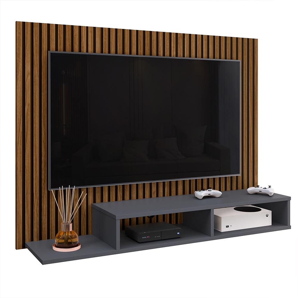 Estante Painel Suspenso TV 48 Polegadas Nicho Organizador Prateleira Decorativa Sala Quarto Moderno Dubai Ripado/Cinza - RPM Móveis