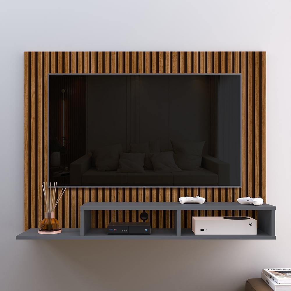 Estante Painel Suspenso TV 48 Polegadas Nicho Organizador Prateleira Decorativa Sala Quarto Moderno Dubai Ripado/Cinza - RPM Móveis
