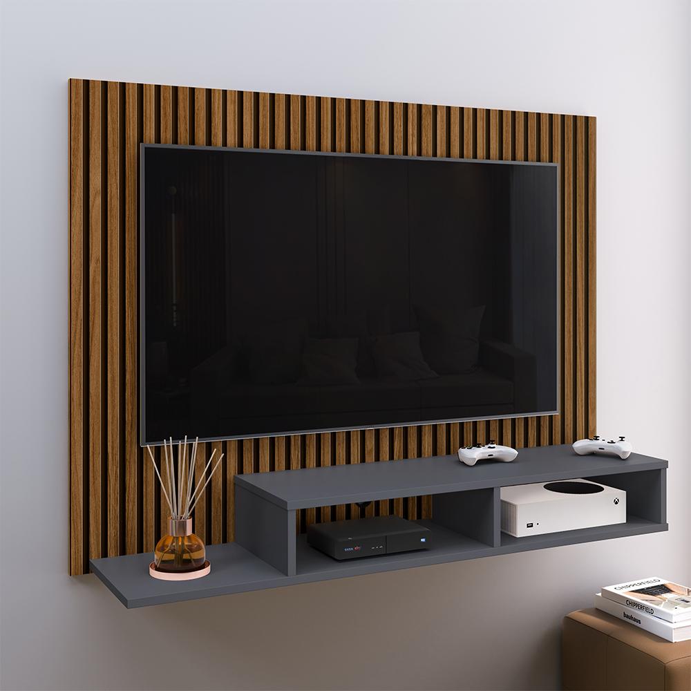 Estante Painel Suspenso TV 48 Polegadas Nicho Organizador Prateleira Decorativa Sala Quarto Moderno Dubai Ripado/Cinza - RPM Móveis