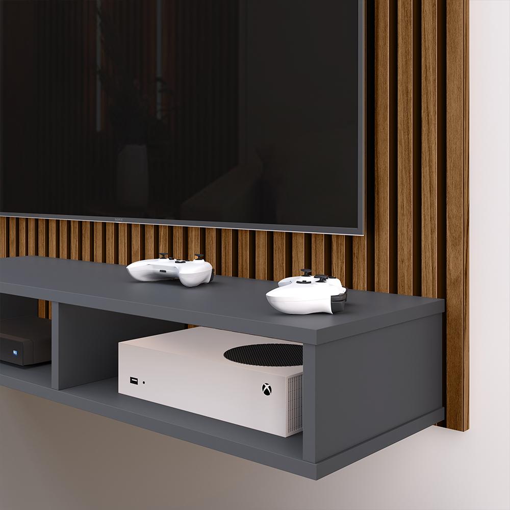 Estante Painel Suspenso TV 48 Polegadas Nicho Organizador Prateleira Decorativa Sala Quarto Moderno Dubai Ripado/Cinza - RPM Móveis