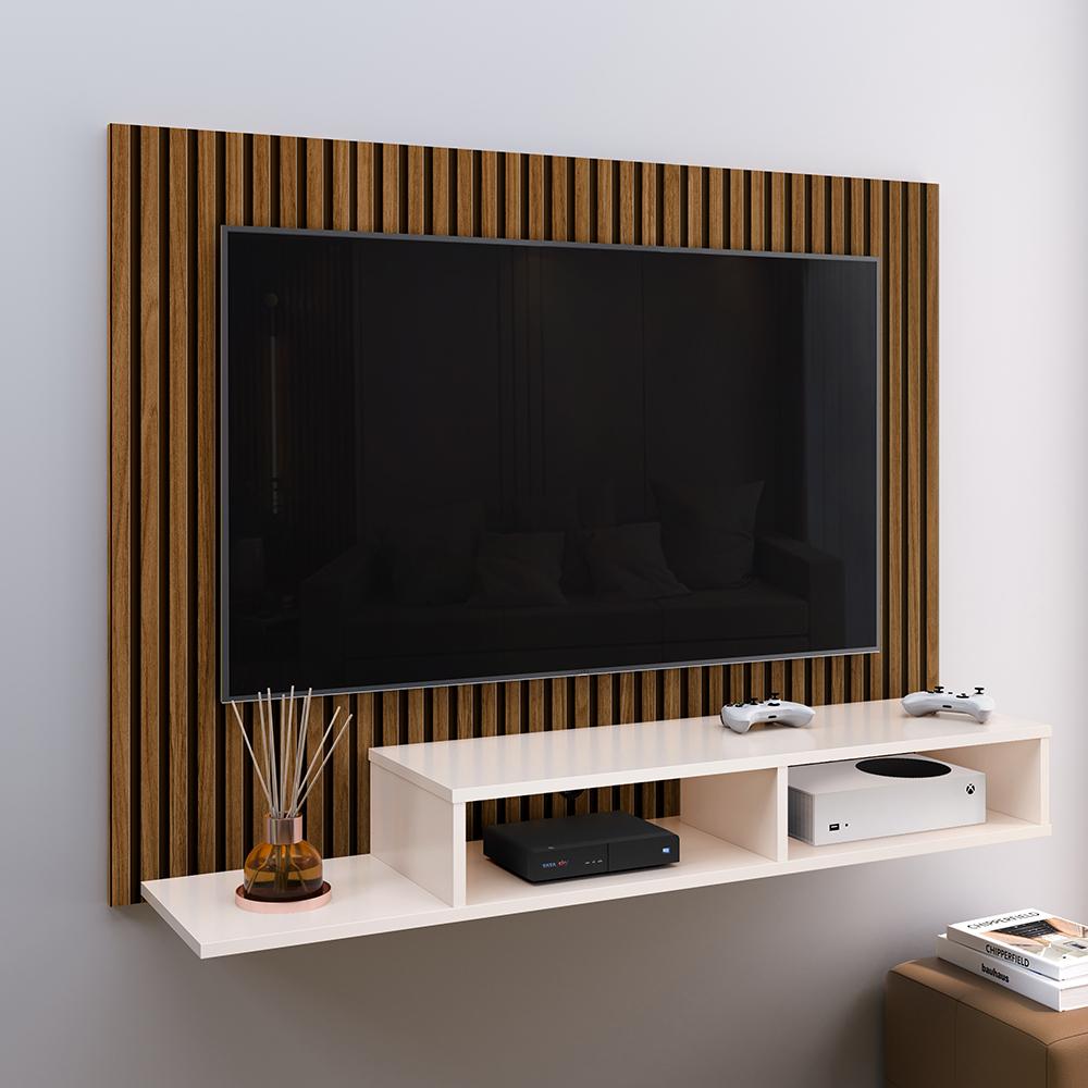 Estante Painel Suspenso TV 48 Polegadas Nicho Organizador Prateleira Decorativa Sala Quarto Moderno Dubai Ripado/Off White - RPM Móveis