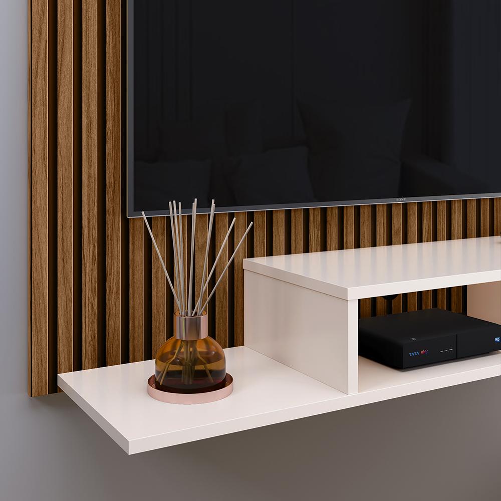 Estante Painel Suspenso TV 48 Polegadas Nicho Organizador Prateleira Decorativa Sala Quarto Moderno Dubai Ripado/Off White - RPM Móveis